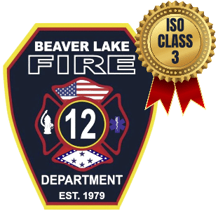 Beaver Lake Fire Department badge with a red Maltese cross, the number 12, flag details, and an ISO Class 3 ribbon badge.
